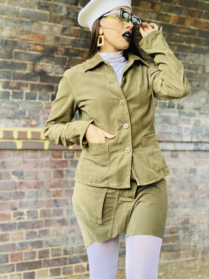 Olive Deconstructed Corduroy Mini Skirt + Blazer Suit - One Wear Freedom 