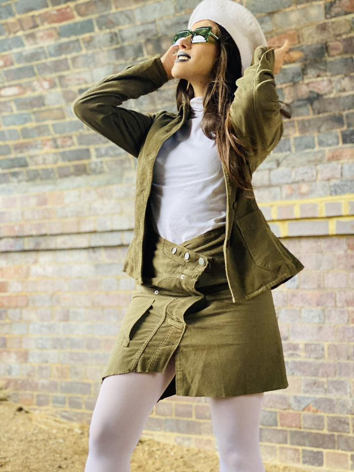 Olive Deconstructed Corduroy Mini Skirt + Blazer Suit - One Wear Freedom 