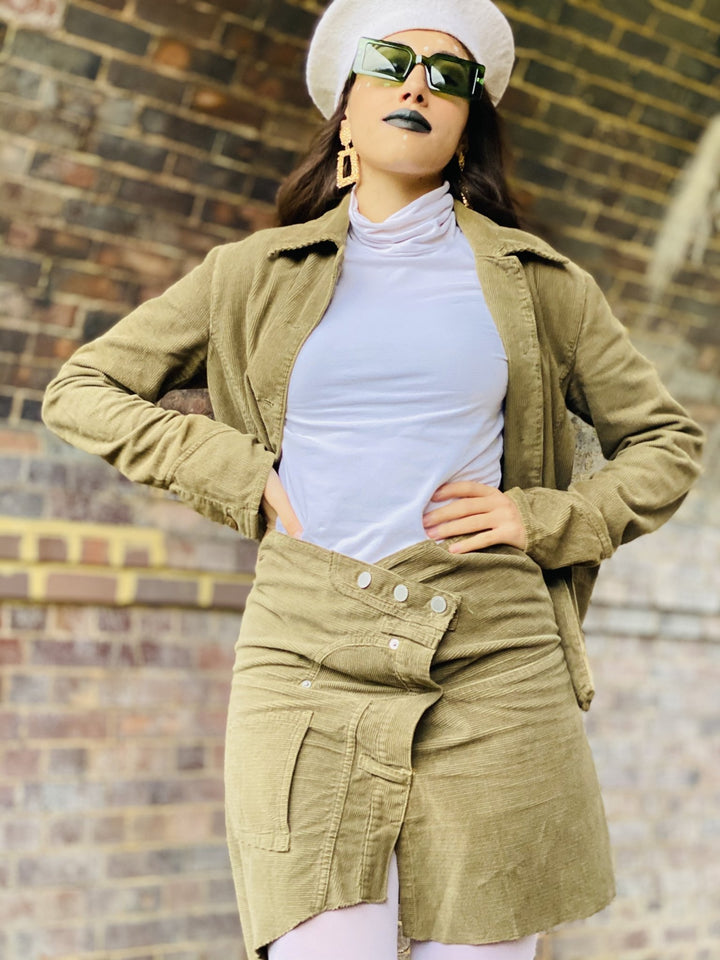 Olive Deconstructed Corduroy Mini Skirt + Blazer Suit - One Wear Freedom 