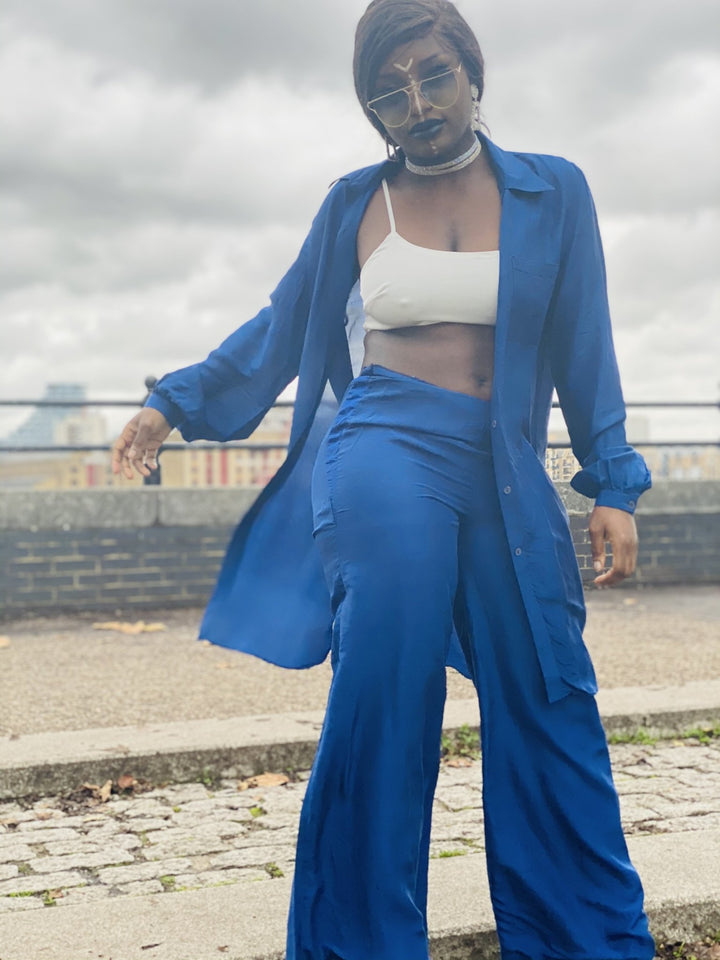 Royal Blue Bombyx Mori Maxi Coat + Trouser Suit - One Wear Freedom 