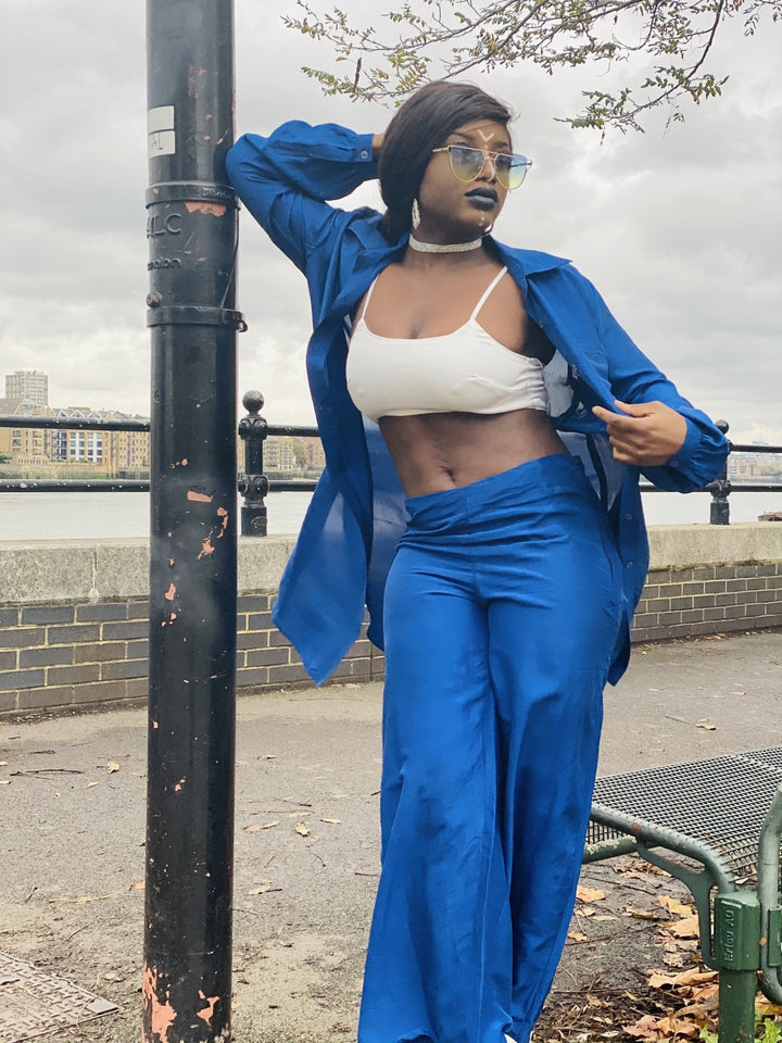 Royal Blue Bombyx Mori Maxi Coat + Trouser Suit - One Wear Freedom 