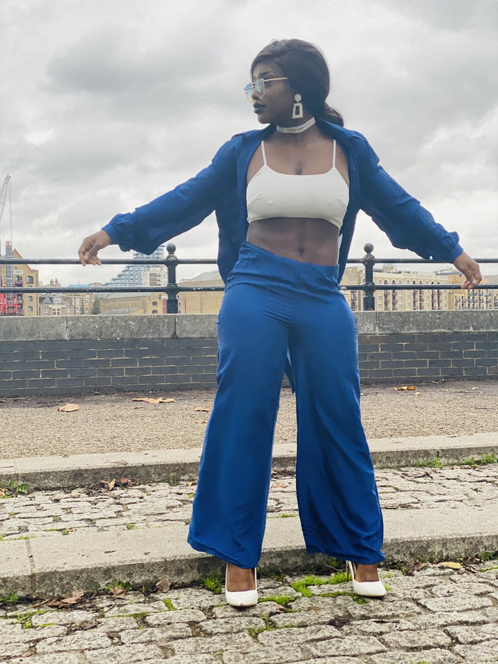Royal Blue Bombyx Mori Maxi Coat + Trouser Suit - One Wear Freedom 
