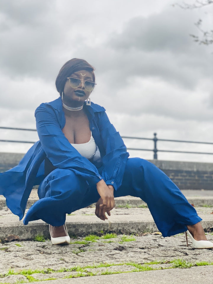 Royal Blue Bombyx Mori Maxi Coat + Trouser Suit - One Wear Freedom 