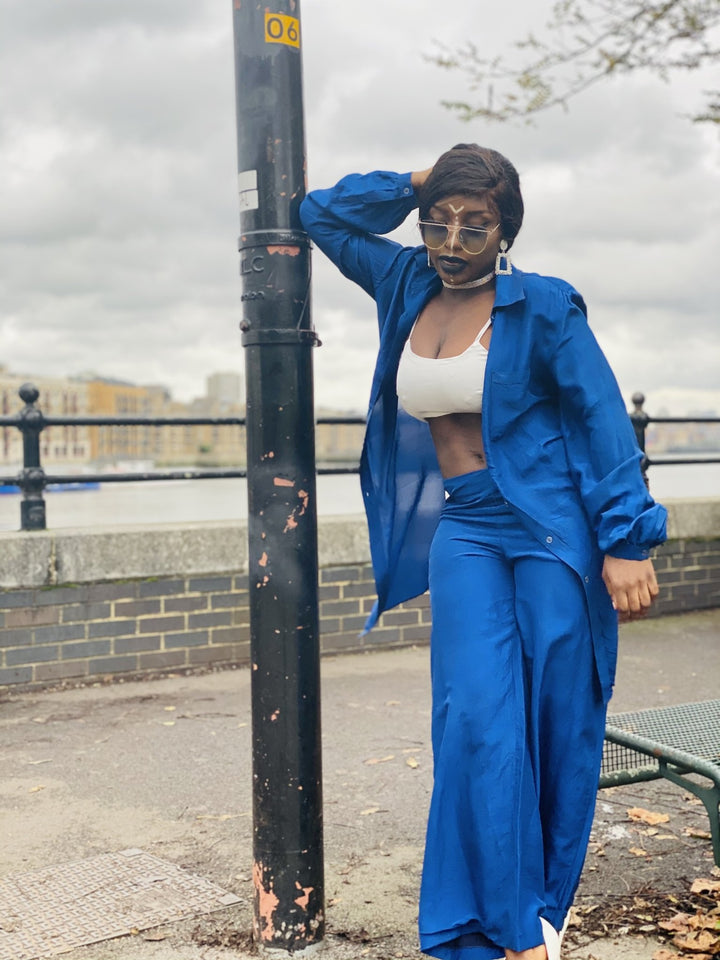 Royal Blue Bombyx Mori Maxi Coat + Trouser Suit - One Wear Freedom 