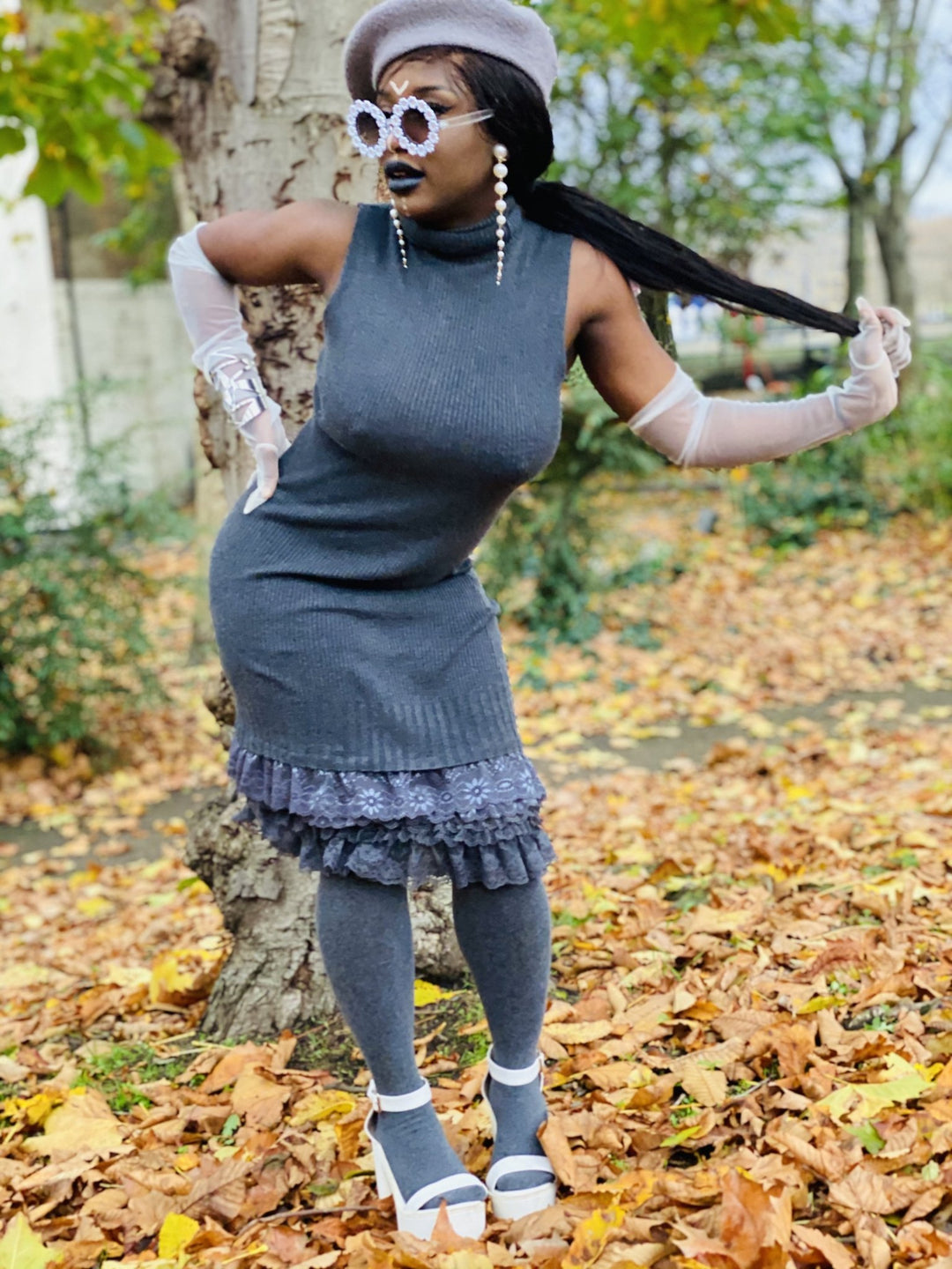 Smokey Ribbed Polo Midi Dress with Lace Frills - One Wear Freedom #product_tags#