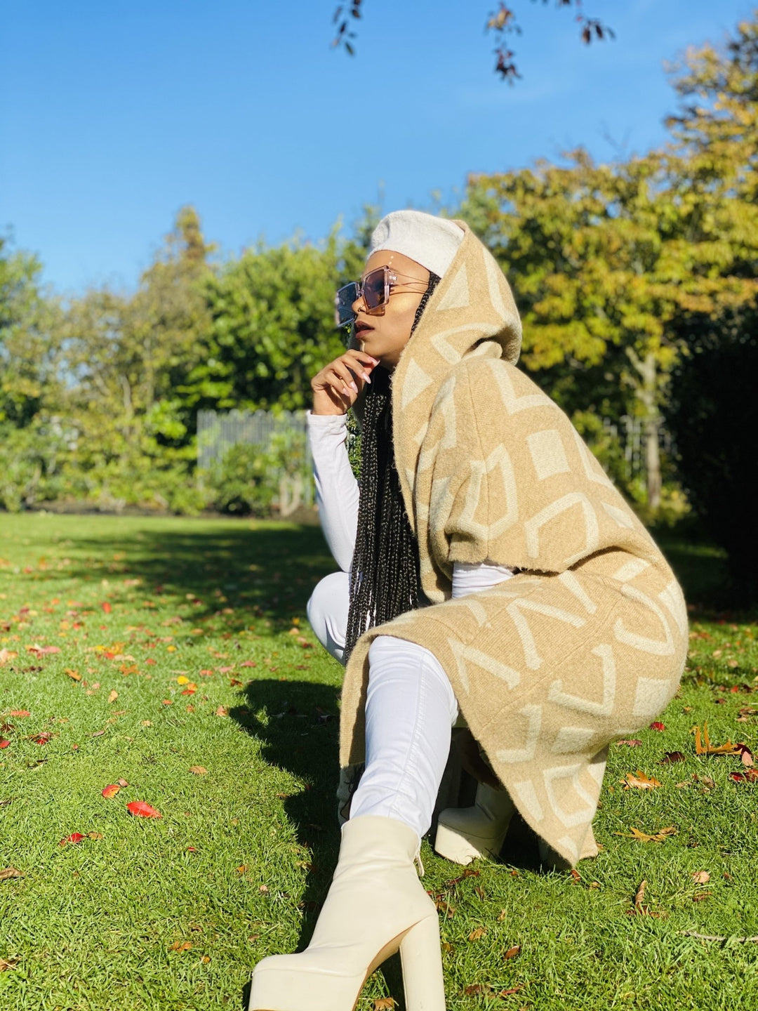 Tan Diamond Hooded Cardigan - One Wear Freedom 