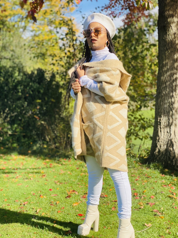 Tan Diamond Hooded Cardigan - One Wear Freedom 