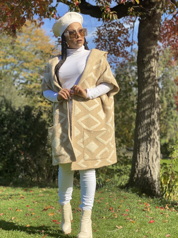 Tan Diamond Hooded Cardigan - One Wear Freedom 