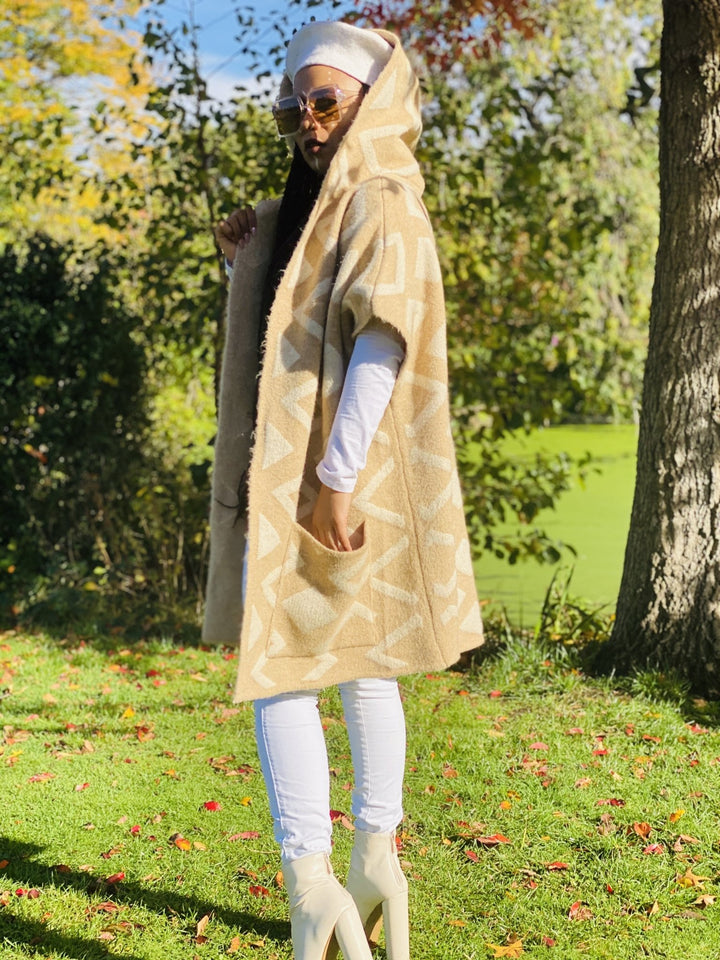 Tan Diamond Hooded Cardigan - One Wear Freedom 