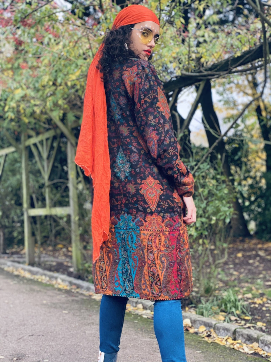 Traditional Tangerine Jacquard Pashmina Coat - One Wear Freedom 