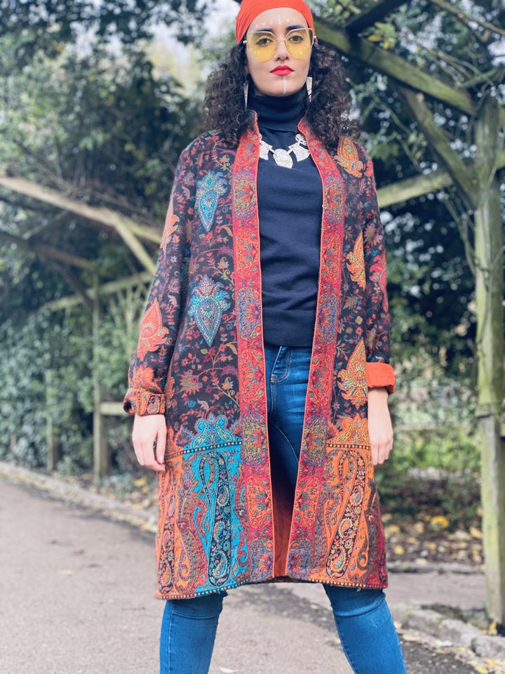 Traditional Tangerine Jacquard Pashmina Coat - One Wear Freedom 