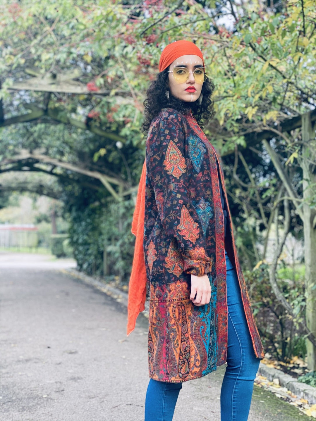 Traditional Tangerine Jacquard Pashmina Coat - One Wear Freedom 