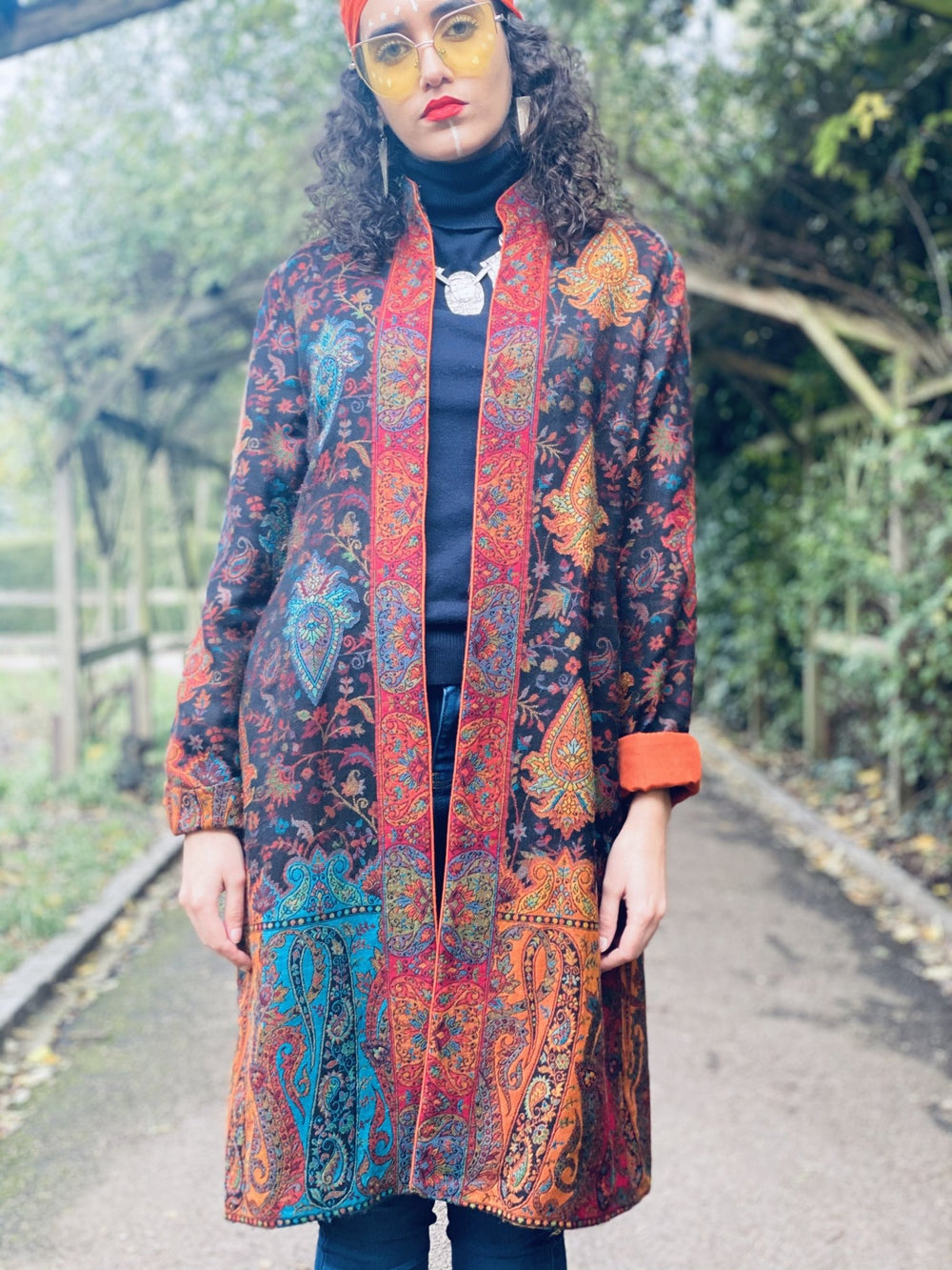 Traditional Tangerine Jacquard Pashmina Coat - One Wear Freedom #product_tags#