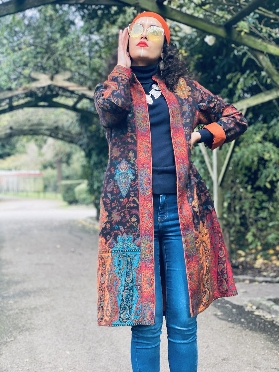 Traditional Tangerine Jacquard Pashmina Coat - One Wear Freedom 