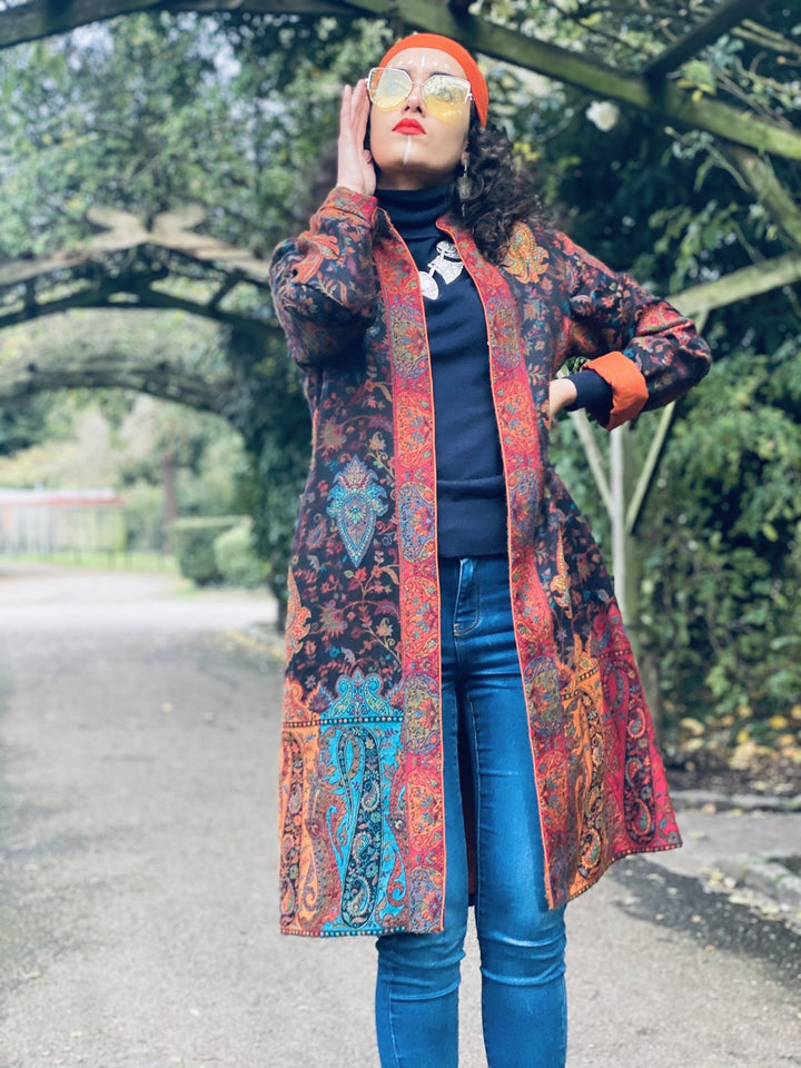 Traditional Tangerine Jacquard Pashmina Coat - One Wear Freedom 