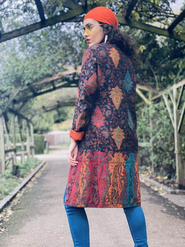 Traditional Tangerine Jacquard Pashmina Coat - One Wear Freedom 