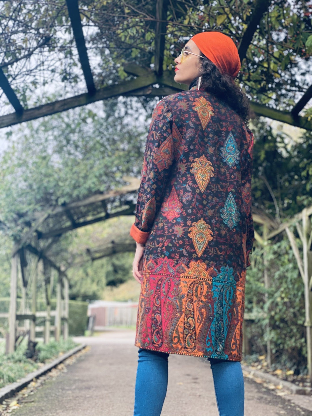 Traditional Tangerine Jacquard Pashmina Coat - One Wear Freedom 