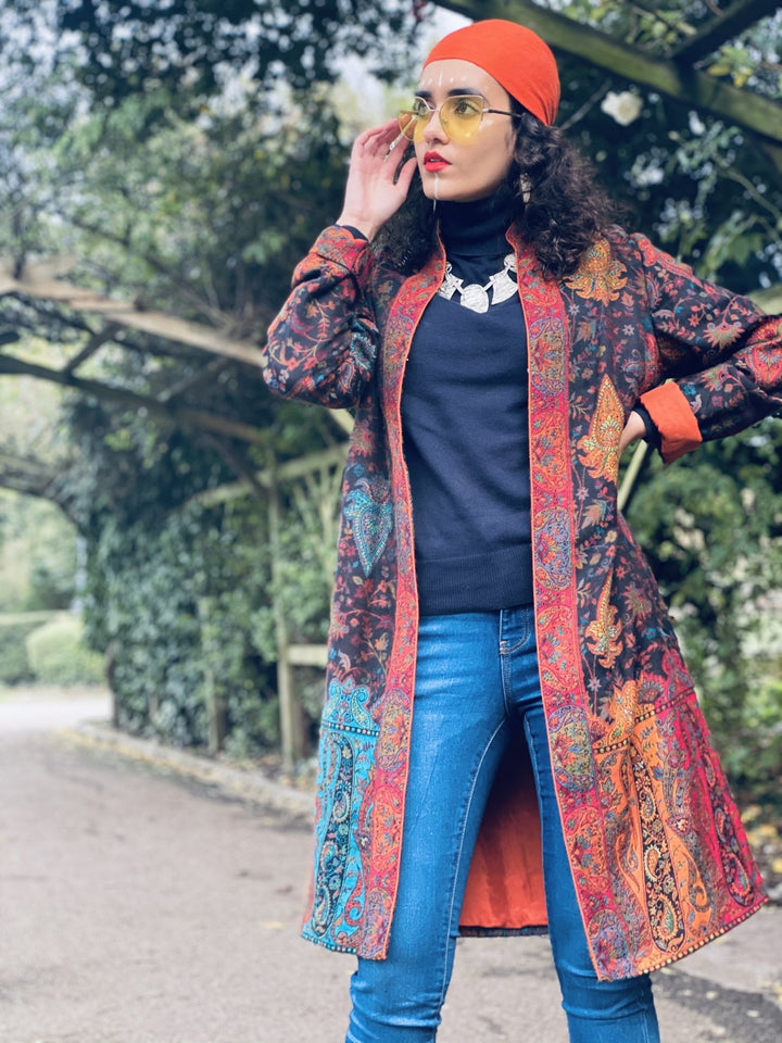 Traditional Tangerine Jacquard Pashmina Coat - One Wear Freedom 