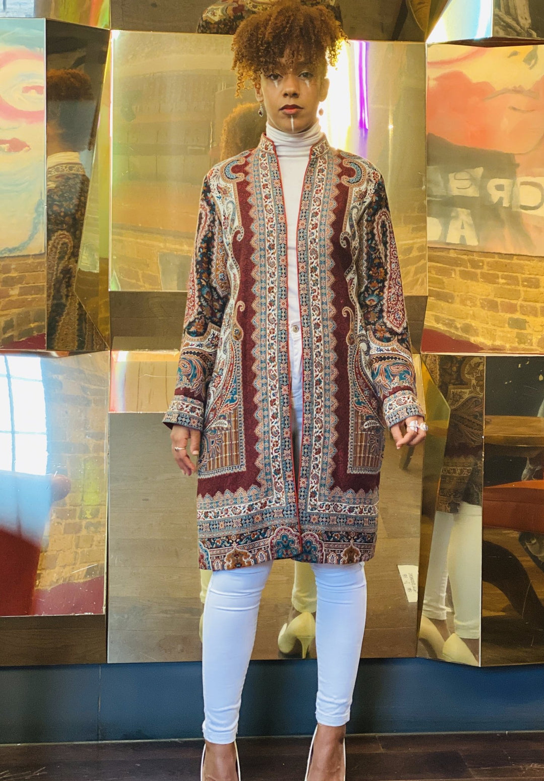 Traditional Tangerine Jacquard Pashmina Coat - One Wear Freedom 
