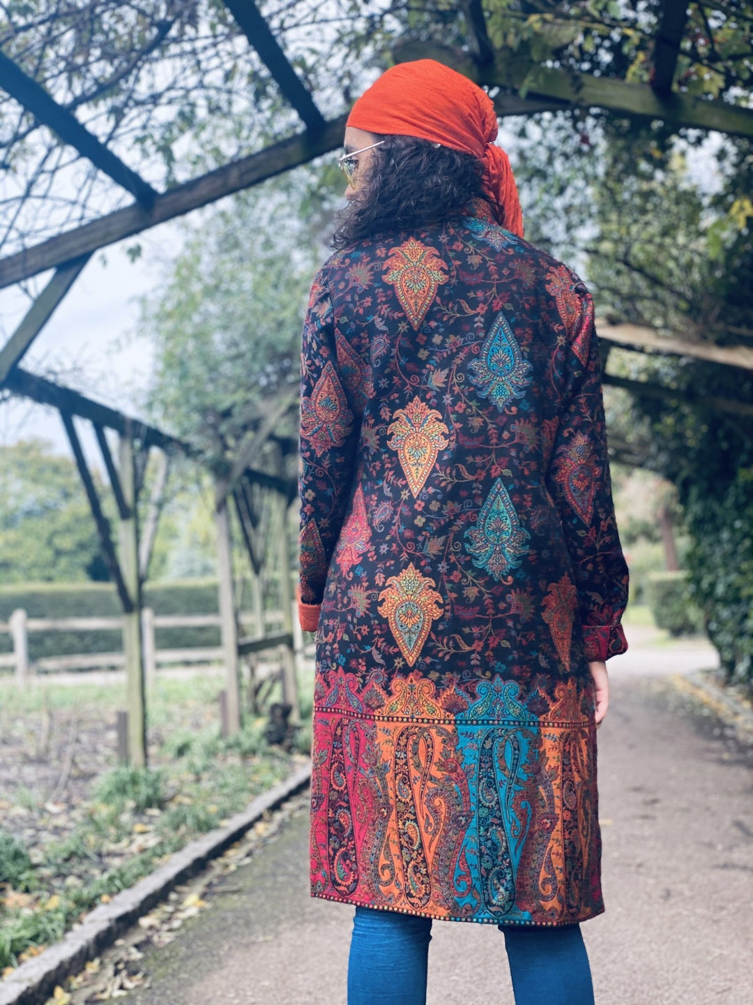 Traditional Tangerine Jacquard Pashmina Coat - One Wear Freedom 