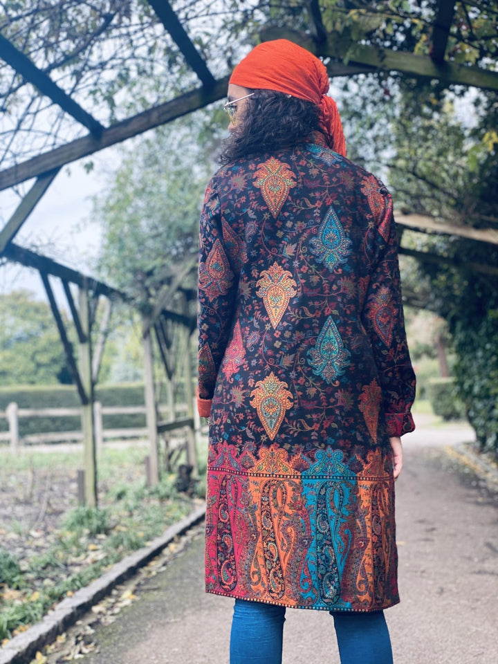 Traditional Tangerine Jacquard Pashmina Coat - One Wear Freedom 