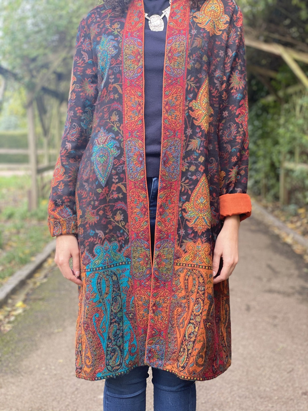 Traditional Tangerine Jacquard Pashmina Coat - One Wear Freedom 