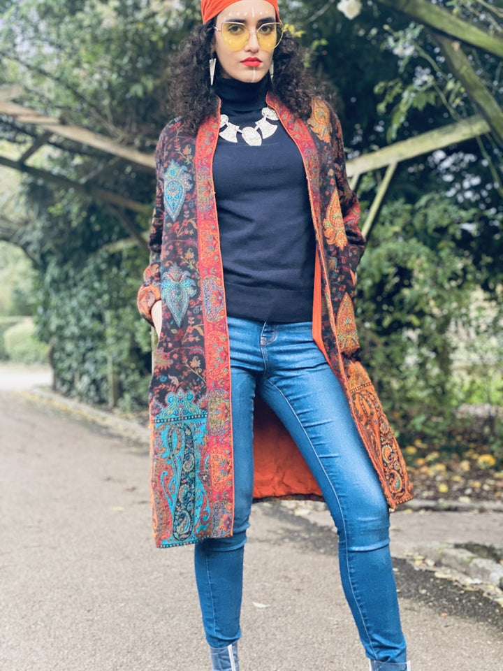 Traditional Tangerine Jacquard Pashmina Coat - One Wear Freedom 