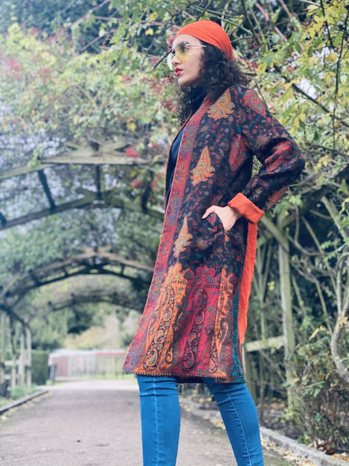 Traditional Tangerine Jacquard Pashmina Coat - One Wear Freedom 