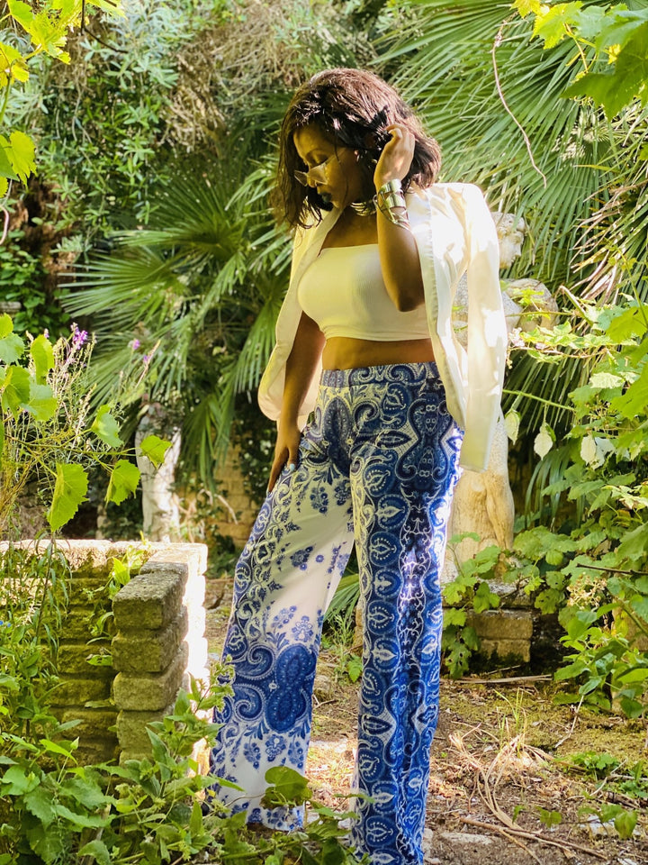 Upcycled Cobalt Boteh Straight Trousers - One Wear Freedom 