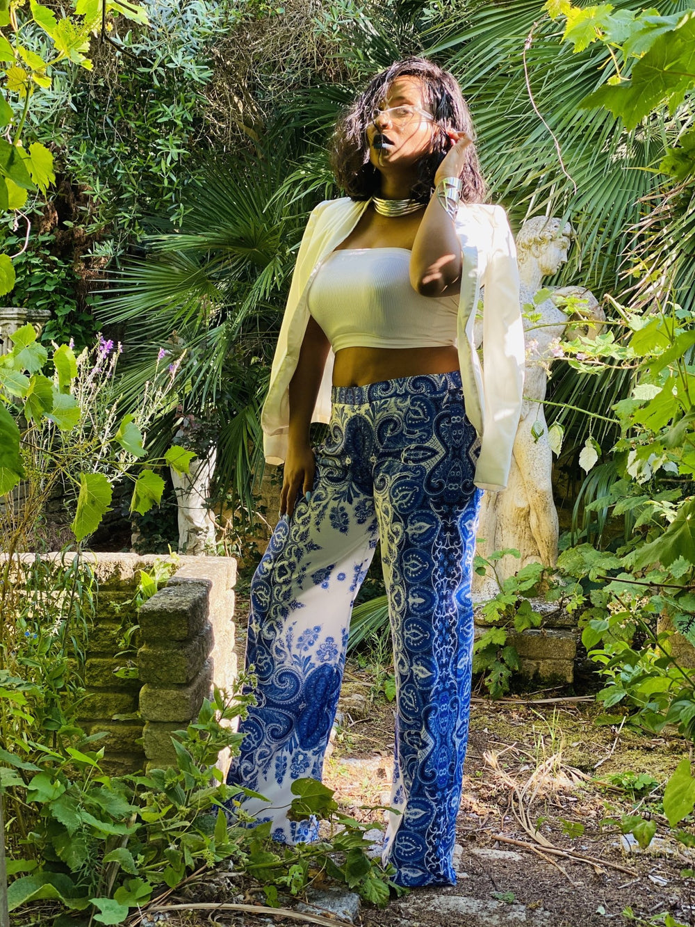 Upcycled Cobalt Boteh Straight Trousers - One Wear Freedom #product_tags#