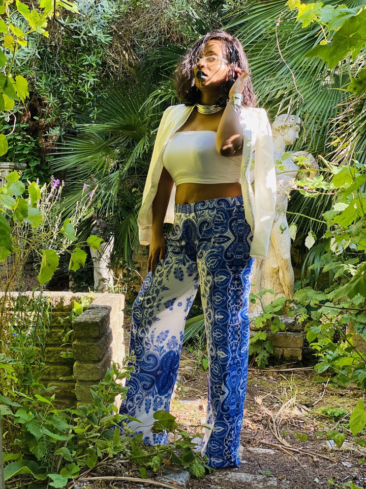 Upcycled Cobalt Boteh Straight Trousers - One Wear Freedom 