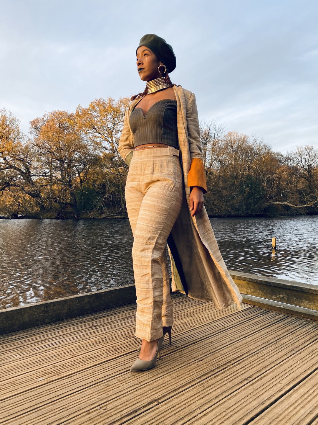 Varnished Vellum Maxi Wrap Coat with Olive + Tangerine Silk Panels + Trouser Co-ord - One Wear Freedom 