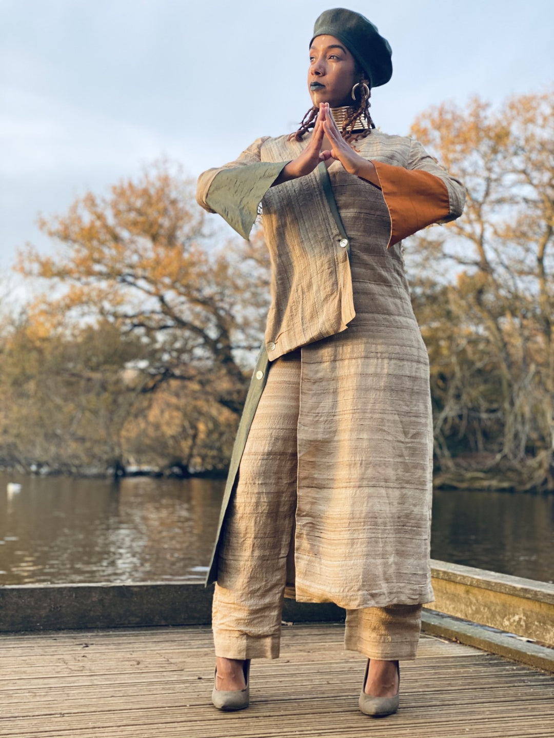 Varnished Vellum Maxi Wrap Coat with Olive + Tangerine Silk Panels + Trouser Co-ord - One Wear Freedom 