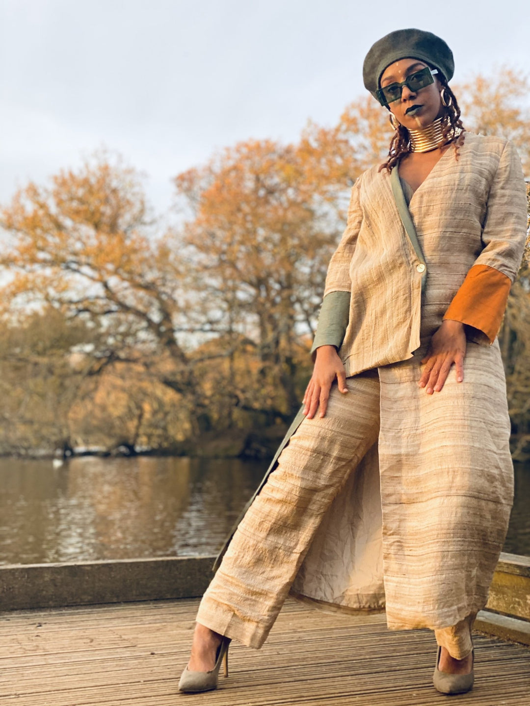 Varnished Vellum Maxi Wrap Coat with Olive + Tangerine Silk Panels + Trouser Co-ord - One Wear Freedom 