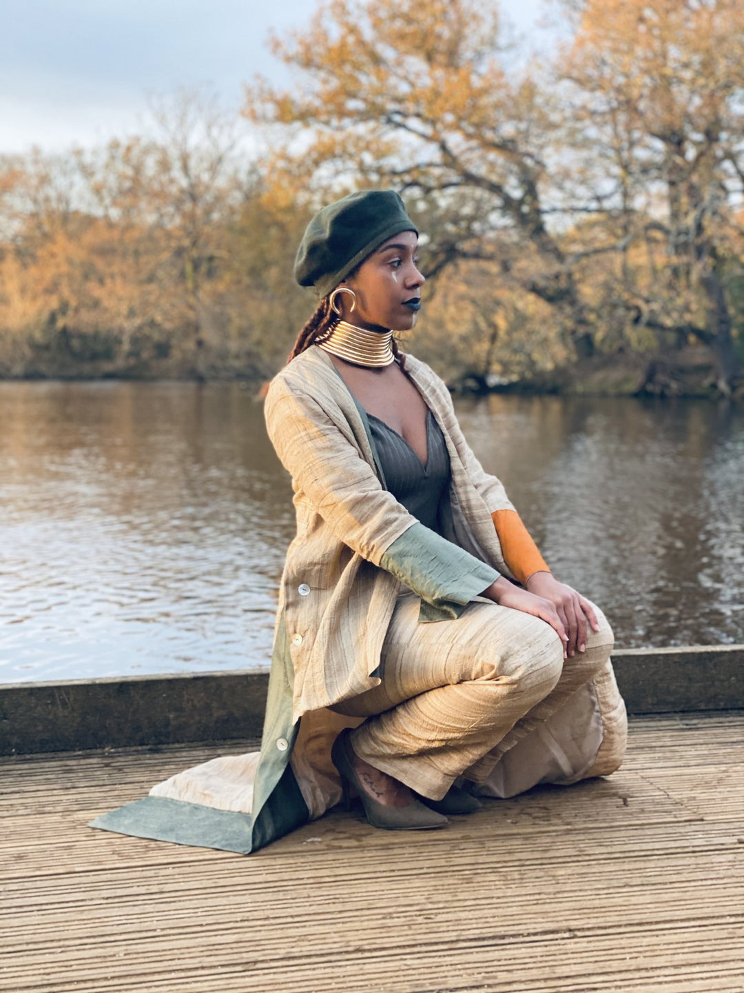 Varnished Vellum Maxi Wrap Coat with Olive + Tangerine Silk Panels + Trouser Co-ord - One Wear Freedom 