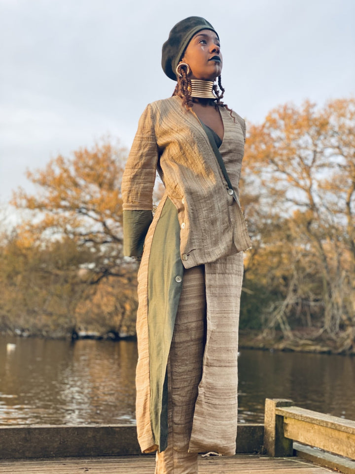 Varnished Vellum Maxi Wrap Coat with Olive + Tangerine Silk Panels + Trouser Co-ord - One Wear Freedom 