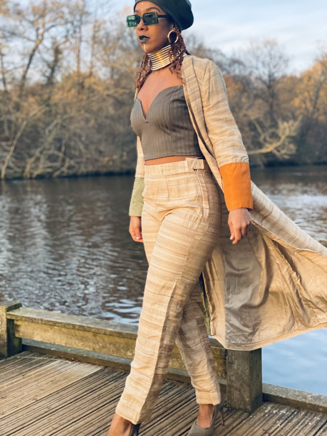 Varnished Vellum Maxi Wrap Coat with Olive + Tangerine Silk Panels + Trouser Co-ord - One Wear Freedom 