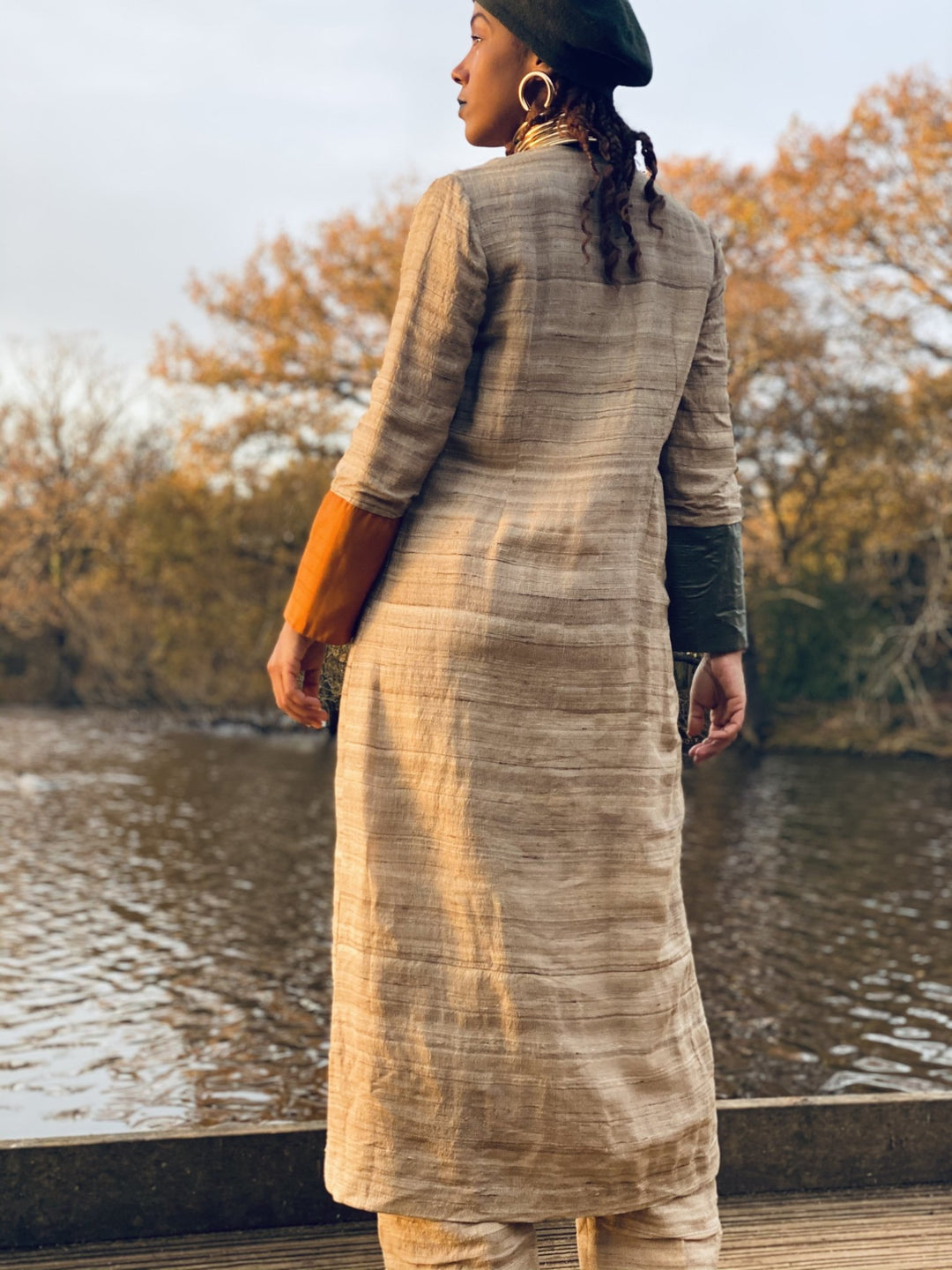 Varnished Vellum Maxi Wrap Coat with Olive + Tangerine Silk Panels + Trouser Co-ord - One Wear Freedom 