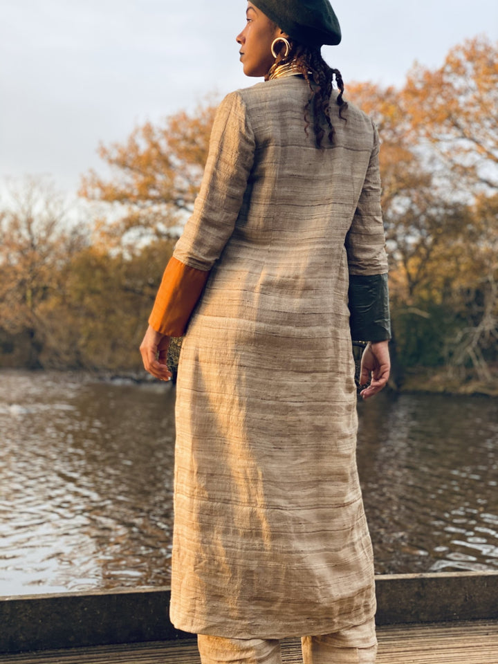 Varnished Vellum Maxi Wrap Coat with Olive + Tangerine Silk Panels + Trouser Co-ord - One Wear Freedom 