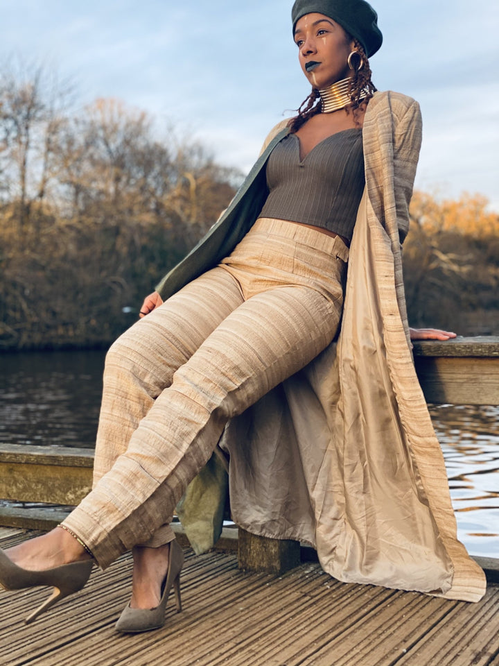 Varnished Vellum Maxi Wrap Coat with Olive + Tangerine Silk Panels + Trouser Co-ord - One Wear Freedom 