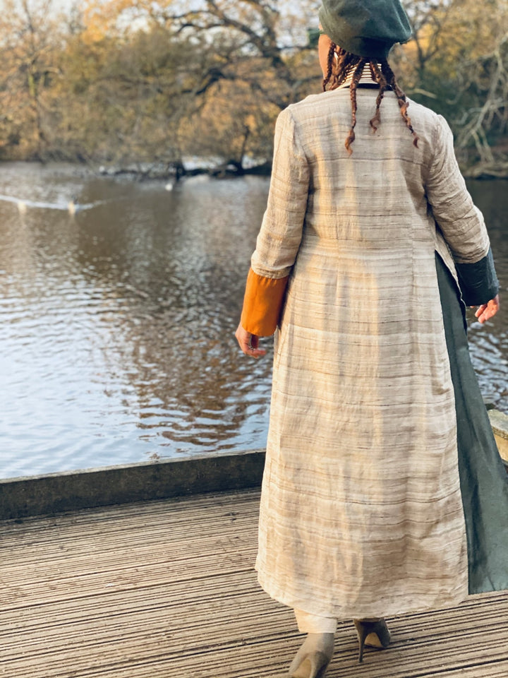 Varnished Vellum Maxi Wrap Coat with Olive + Tangerine Silk Panels + Trouser Co-ord - One Wear Freedom 