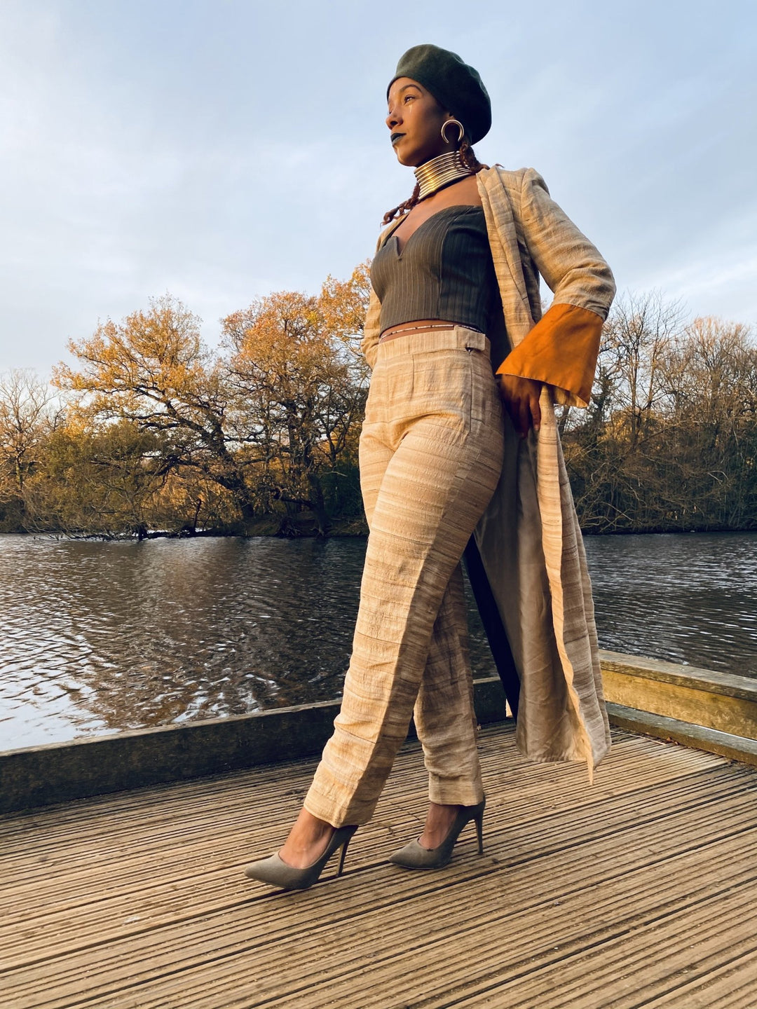 Varnished Vellum Maxi Wrap Coat with Olive + Tangerine Silk Panels + Trouser Co-ord - One Wear Freedom 