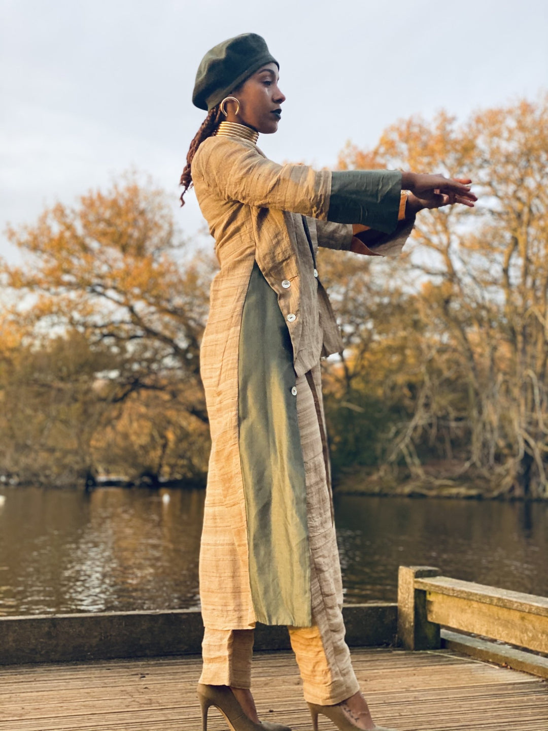 Varnished Vellum Maxi Wrap Coat with Olive + Tangerine Silk Panels + Trouser Co-ord - One Wear Freedom 