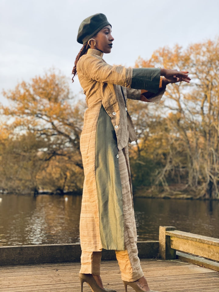Varnished Vellum Maxi Wrap Coat with Olive + Tangerine Silk Panels + Trouser Co-ord - One Wear Freedom 
