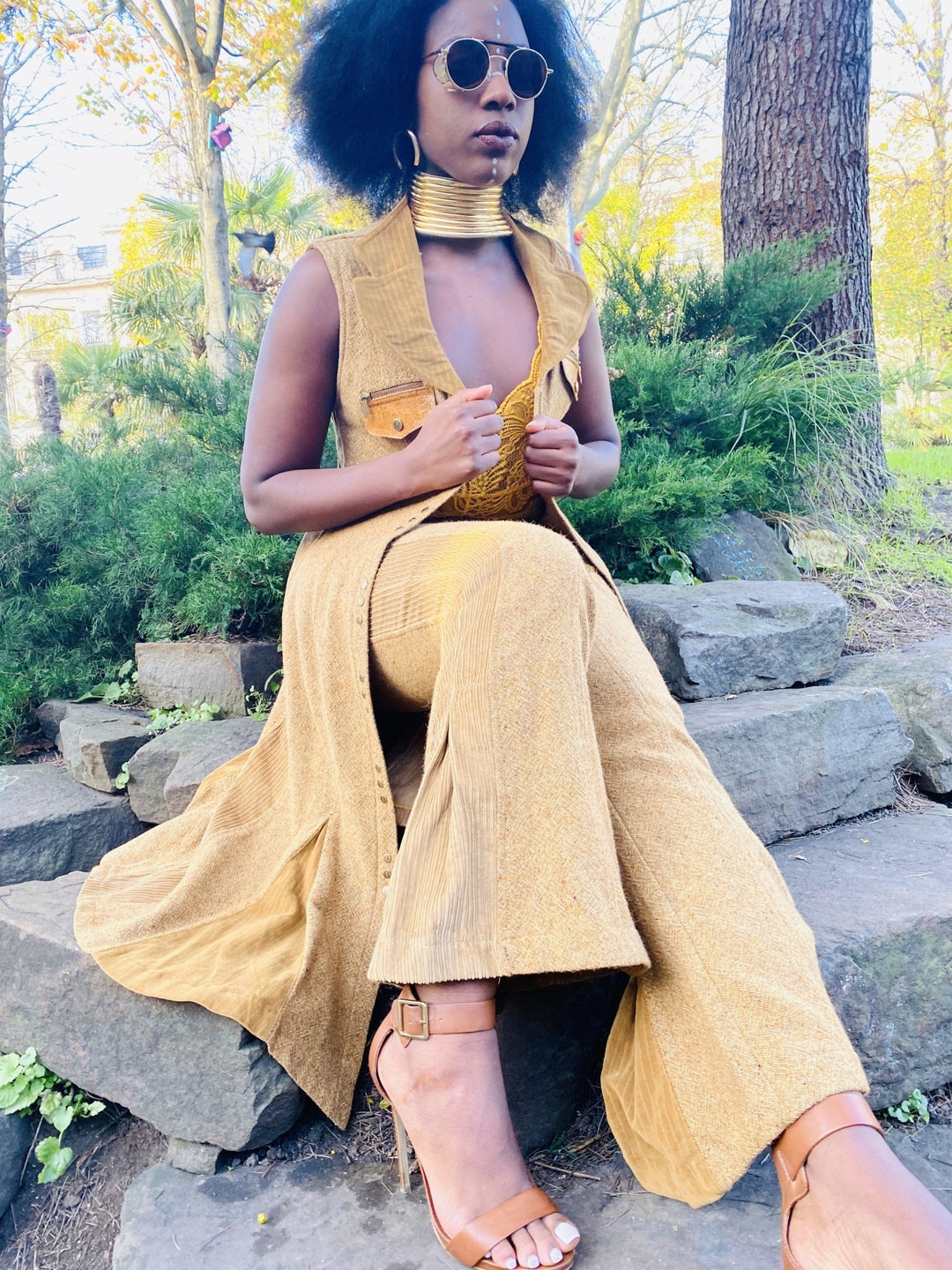 Vintage Couture Cocoa Tweed + Corduroy Flared Waist Coat + Trouser Co-ord - One Wear Freedom #product_tags#