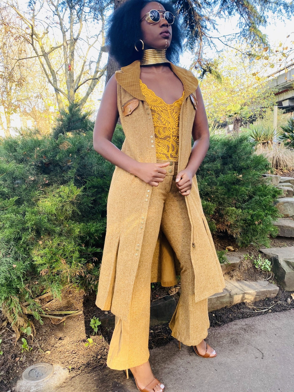 Vintage Couture Cocoa Tweed + Corduroy Flared Waist Coat + Trouser Co-ord - One Wear Freedom #product_tags#